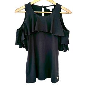 Michael Kors Black Cold Shoulder Top, Ruffled sleeves, stretch knit